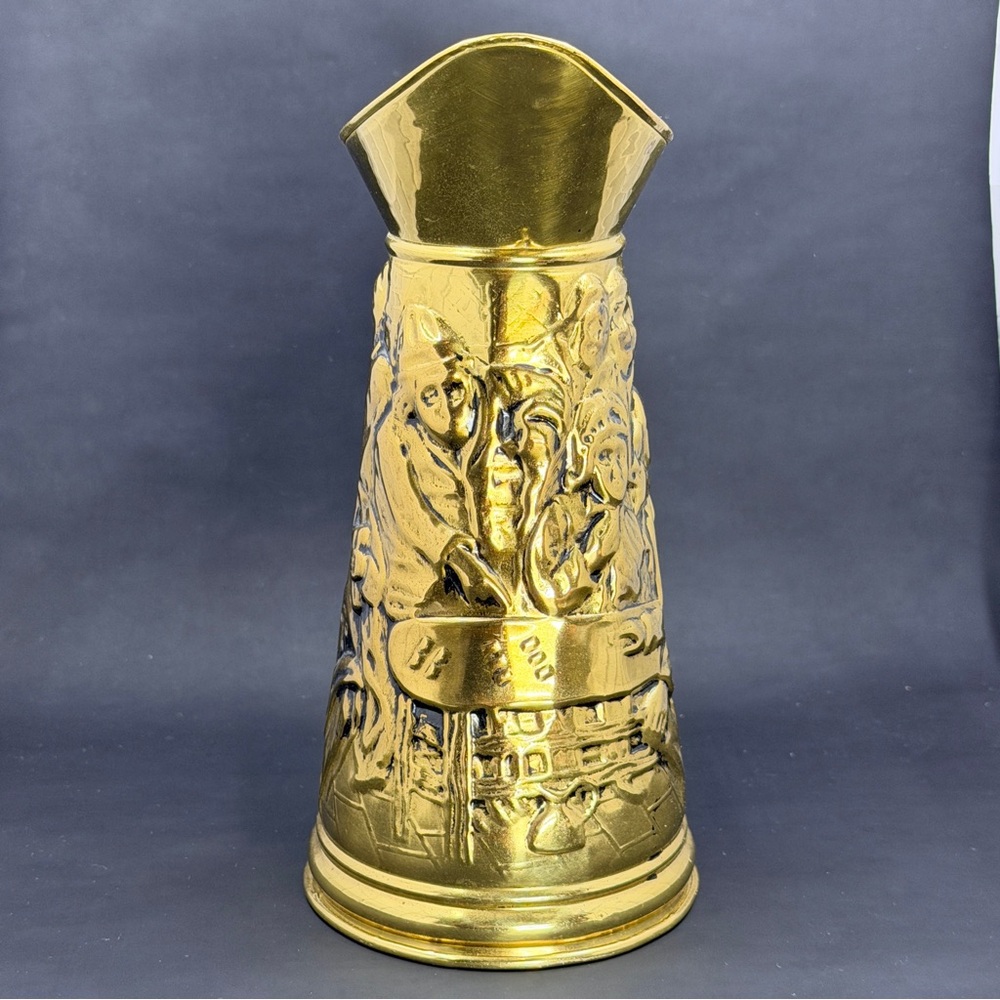 Vintage Brass Metal Tin Pitcher Embossed Pub Scene Made in England 9” Decor - Picture 2 of 9